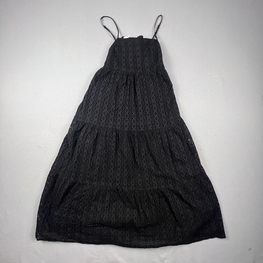 Seafolly Maxi Dress Womens M Black Eyelet Tiered Open Back Tie Beach Summer Boho